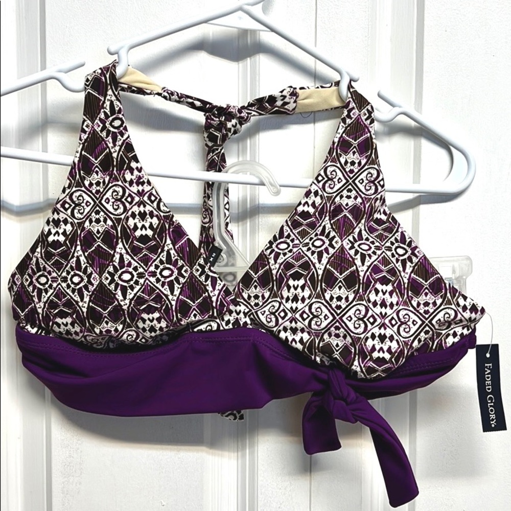Faded Glory Raging Purple Abstract Print Bikini Top Size L NWT